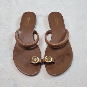 Michael Kors Sandals Brown Leather Letty Iconic Shoes MK Logo Toe Ring Size 10